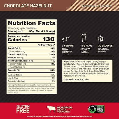 Optimum Nutrition Gold Standard 100% Whey Protein Powder, Chocolate Hazelnut, 2 Pound (Packaging May Vary)
