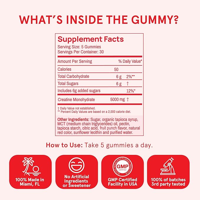 Creatine Monohydrate Gummies for Women & Men, Boost Focus, Strength, and Endurance, Vegan, Gluten-Free, Non-GMO, 5 Grams of Creatine per Serving, 30 SVG, Tropical Punch