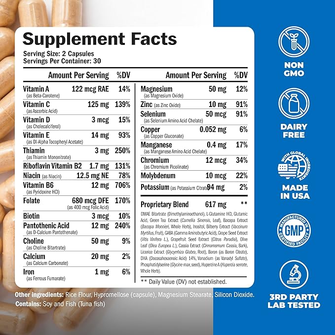 Nootropics Brain Support Supplement - Nootropic Brain Booster for Improved Focus, Concentration & Memory. Brain Nootropic for Brain Health, Mood & Energy Support. Non-GMO. Made in the USA. 60 Capsules