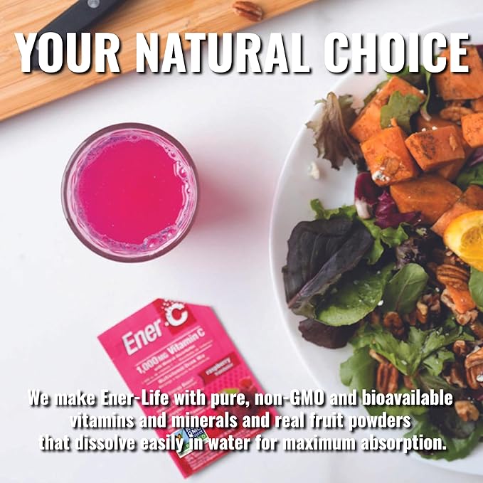 Ener-C Raspberry Multivitamin Drink Mix Powder Vitamin C 1000mg & Electrolytes with Real Fruit Juice Natural Energy & Immune Support for Women & Men - Non-GMO Vegan & Gluten Free - 60 Count