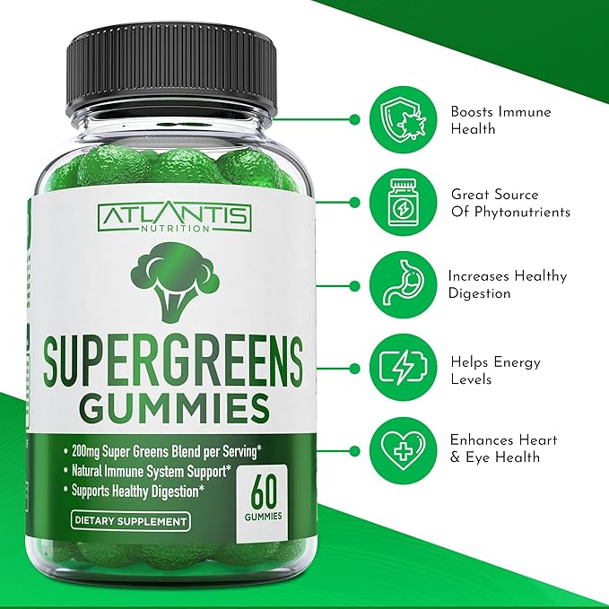 Supergreens Gummies - Daily Green Superfoods Supplement with Spinach, Broccoli, Moringa, Beet Root, Celery, Green Tea, & Acai for Immunity Support - Natural Raspberry Flavor, 60 Supergreen Gummies