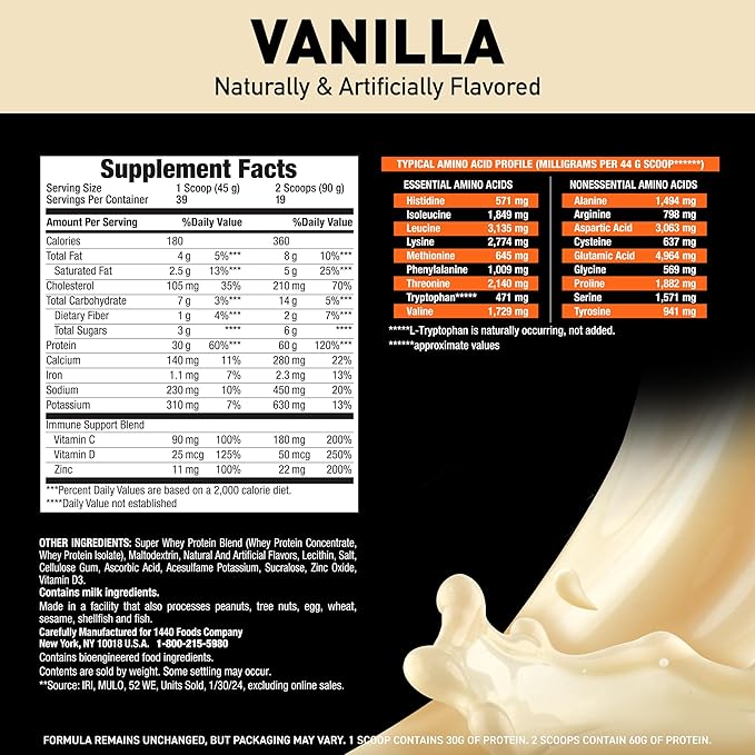 Body Fortress Super Advanced Whey Protein Powder, Vanilla, Immune Support (1), Vitamins C & D Plus Zinc, 3.9 lbs.