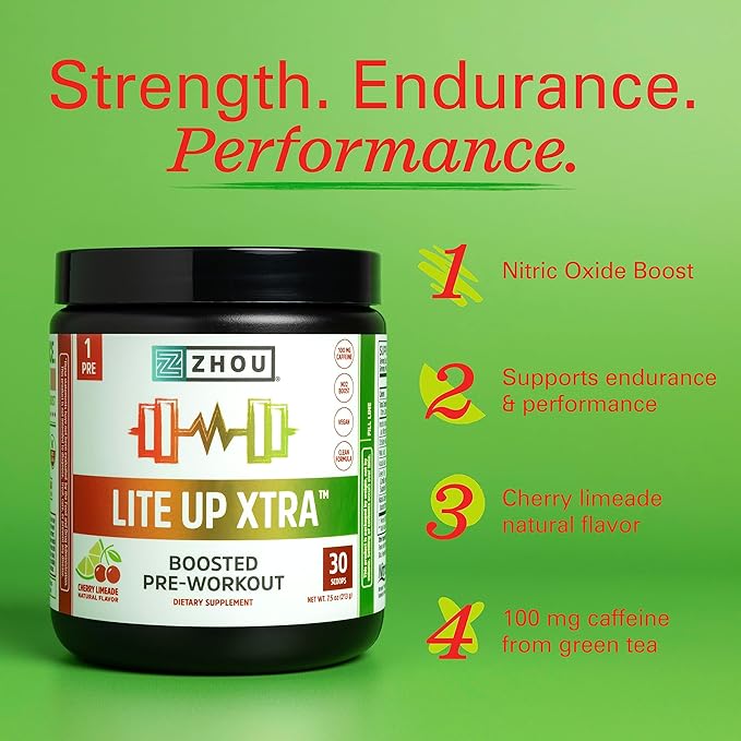 Zhou Nutrition Lite Up Xtra, Vegan Pre Workout Powder with Caffeine, Clean Energy Sourced from Green Tea, Nitric Oxide Booster, Gluten and Sugar Free, Non GMO, Cherry Limeade, 7.5 Oz