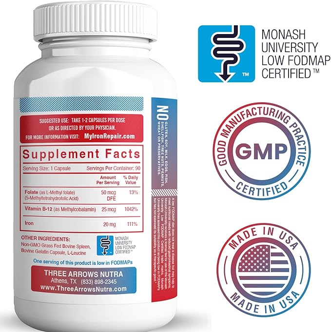 Iron Repair Plus Natural Iron Supplement, Best Absorption Gentle on Stomach, Monash Low FODMAP, Raise Hemoglobin & Ferritin for Women, Teens & Pregnancy Methylated B-12 & Folate, 90 Gelatin Capsules