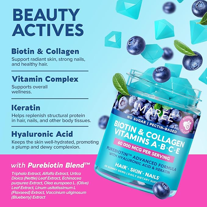 MAREE Vitamin B1 Thiamine & B7 Biotin Gummies - A E D C Vitamins Complex with Keratin, Collagen, Hyaluronic & Pantothenic Acid for Skin, Nails & Hair