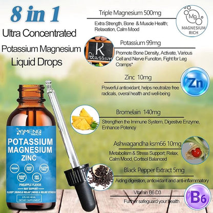 Potassium Magnesium Supplement Liquid w/ 500mg Triple Complex Magnesium & Potassium 99mg Plus Bromelain, Ashwagandha,D3 B6 & Zinc for Leg Cramps& Muscle Health, Cortisol Balanced & Zzz, Non-GMO