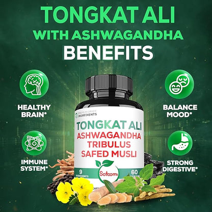 Satoomi Tongkat Ali Root Extract 200:1-9 Essential Herbs with Ashwagandha, Tribulus Terrestris & More - Support Strength, Energy and Healthy Immune - 60 Vegan Caps 2 Month Supply