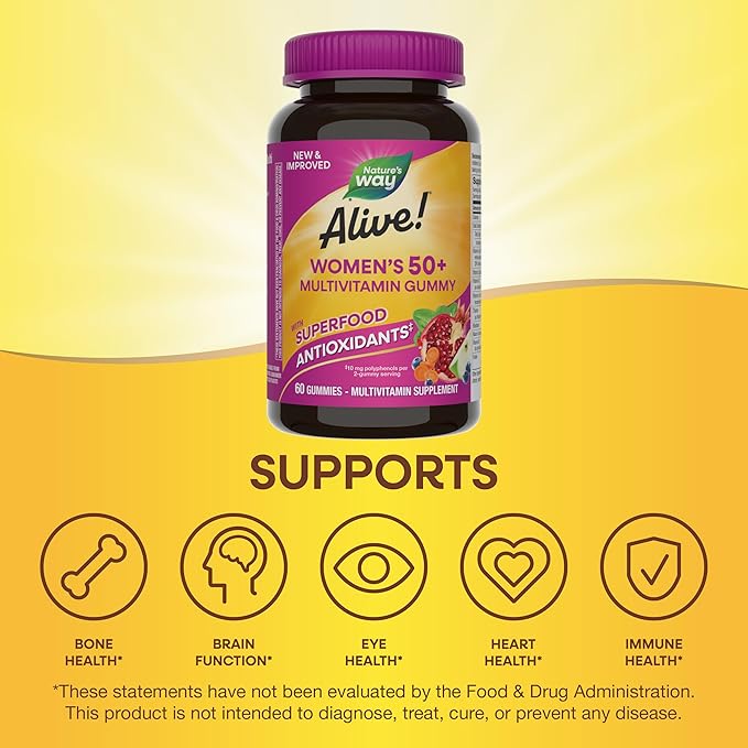 Nature's Way Alive! Women’s 50+ Daily Gummy Multivitamins, Supports Multiple Body Systems*, Supports Healthy Heart, Brain & Bones,* B-Vitamins, Mixed Berry Flavored, 60 Gummies (Packaging May Vary)