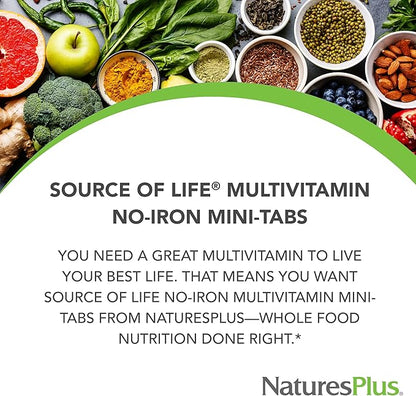 Natures Plus Source of Life Mini-Tabs No Iron - 90 Vegetarian Mini Tablets - Easy to Swallow Natural Whole Food Multivitamin & Mineral Supplement for Health & Energy - 15 Servings