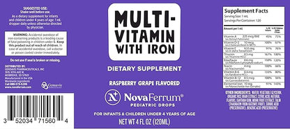 NovaFerrum Yum | Multivitamin with Iron for Infants, Toddlers & Kids | Immune Support | Ages 4 & Under | Gluten Free Certified | Sugar Free | Raspberry Grape | 120 Servings
