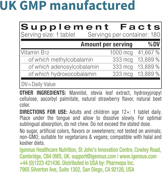 Super B12-Complex 1000mcg, Methylated Vitamin B12 Sublingual, Clean Label, Methylcobalamin, Adenosylcobalamin & Hydroxocobalamin, 180 Servings, High Absorption Sugar-Free Melts, Vegan, by Igennus