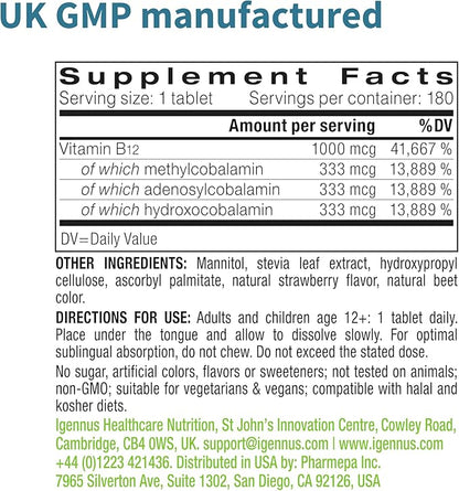 Super B12-Complex 1000mcg, Methylated Vitamin B12 Sublingual, Clean Label, Methylcobalamin, Adenosylcobalamin & Hydroxocobalamin, 180 Servings, High Absorption Sugar-Free Melts, Vegan, by Igennus