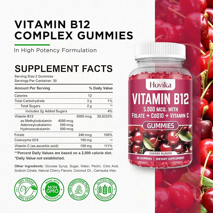 Vitamin B12 Complex 5000 mcg Methyl B12, Adenosyl B12 & Hydroxy B12, with Coenzyme Q10, Folate, Vitamin C, Chewable B 12 for Energy Support, Metabolism, Bone Health - Cherry Flavor