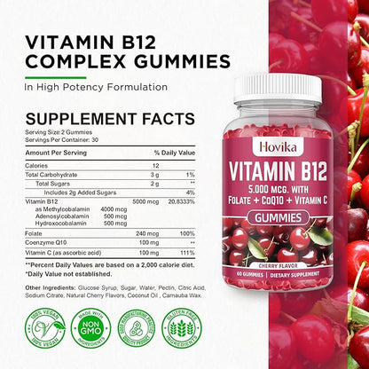 Vitamin B12 Complex 5000 mcg Methyl B12, Adenosyl B12 & Hydroxy B12, with Coenzyme Q10, Folate, Vitamin C, Chewable B 12 for Energy Support, Metabolism, Bone Health - Cherry Flavor