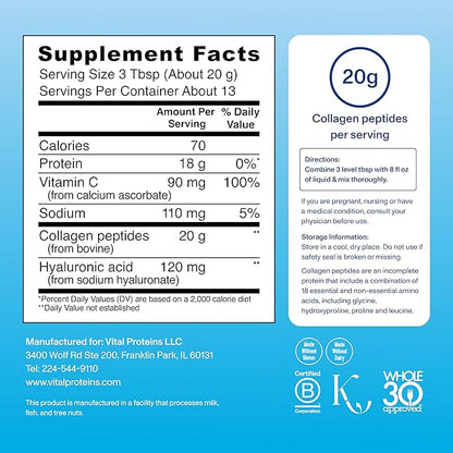 Vital Proteins Grass Fed Collagen Peptides with Hyaluronic Acid and Vitamin C, Shrink-Wrapped 9.33oz Bundle, Hydrolyzed Collagen - 20g per Serving - Unflavored 9.33oz Canister Pack of 2