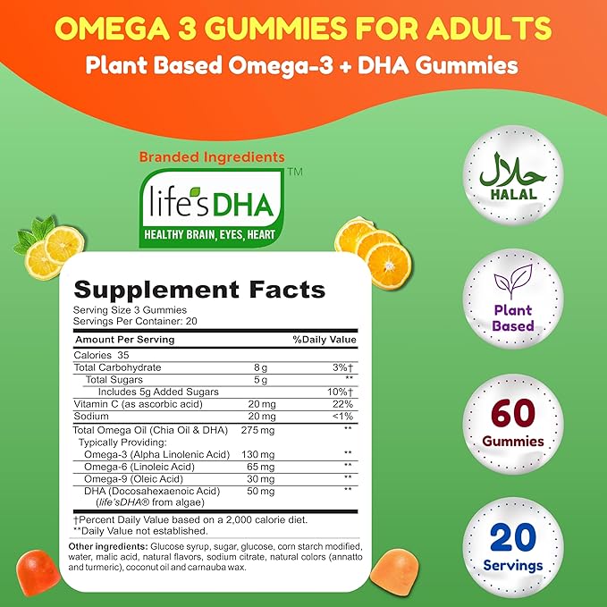 Vegan Omega 3 Gummies for Adults | No Fish Oil Burps | 60 Gummies | Plant Based w/Chia Oil, Algae | Omega 3 6 9 w/DHA, Vitamin C | for Brain, Cardiovascular & Immune Support Halal