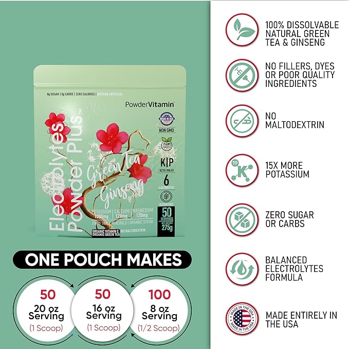 Electrolytes Powder Plus (50 Servings) Green Tea Ginseng Electrolyte Powder Keto, Sugar Free, Pink Himalayan Salt,1000mg Potassium,120mg Calcium,120mg Magnesium, Hydration Powder