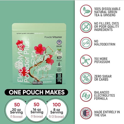 Electrolytes Powder Plus (50 Servings) Green Tea Ginseng Electrolyte Powder Keto, Sugar Free, Pink Himalayan Salt,1000mg Potassium,120mg Calcium,120mg Magnesium, Hydration Powder