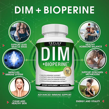 Dim Supplement 910 mg Plus BioPerine Complex - Diindolylmethane to Support Hormone Balance and Estrogen Metabolism, Helps with Menopause Acne PCOS Better Skin Bodybuilding, for Men Women, 60 Capsules