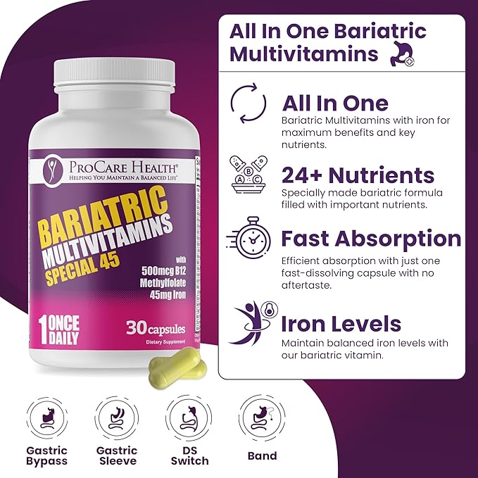 ProCare Health Bariatric Multivitamin with Iron (30 Capsule) 45mg Iron with Reduced B12 - Post-Op Bariatric Vitamins for Gastric Bypass Sleeve Patients, Sustains Recovery & Energy (1 Month Supply)