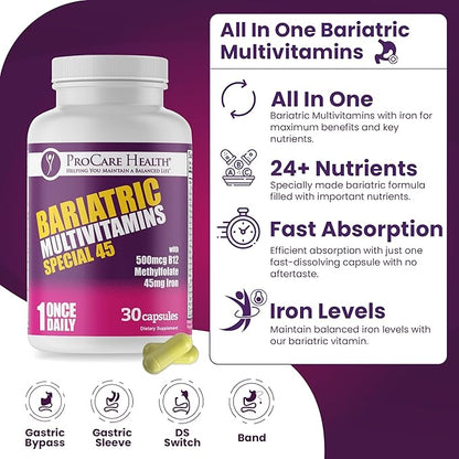 ProCare Health Bariatric Multivitamin with Iron (30 Capsule) 45mg Iron with Reduced B12 - Post-Op Bariatric Vitamins for Gastric Bypass Sleeve Patients, Sustains Recovery & Energy (1 Month Supply)