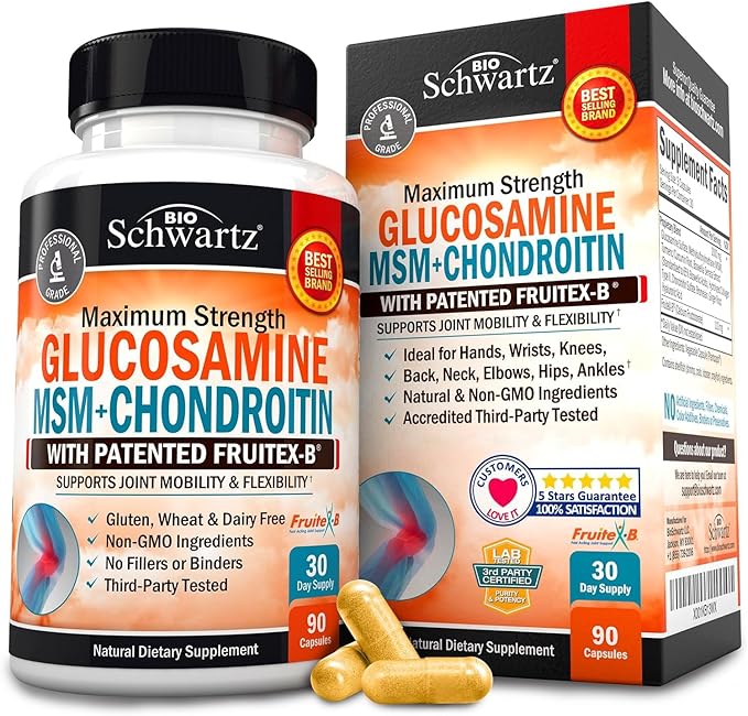 Glucosamine Chondroitin MSM Triple Strength Joint Support Supplement with Collagen Peptides, Turmeric and Ginger, Hyaluronic Acid, Glucosamine Chondroitin Sulfate - Gluten Free, Non GMO, 90 Capsules