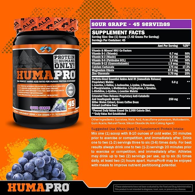 Humapro | Amino Acids Protein Matrix for Humans | 99% Utilization for Lean Muscle | Vegan, Gluten Free | 334g / 45 Servings (Sour Grape)