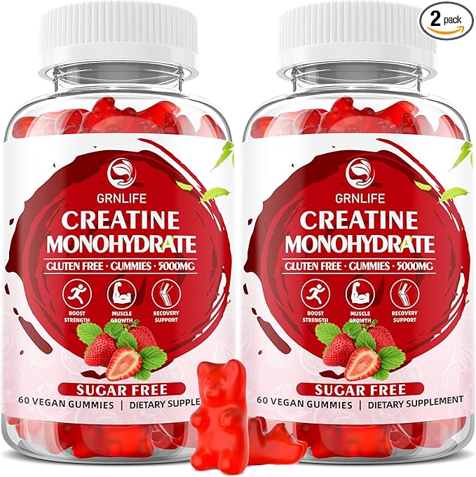 Creatine Monohydrate Gummies for Men & Women, Chewables Creatine Monohydrate for Muscle Strength, Muscle Builder, Energy Boost, Sugar Free, Vegan, Strawberry Flavor-120 Count