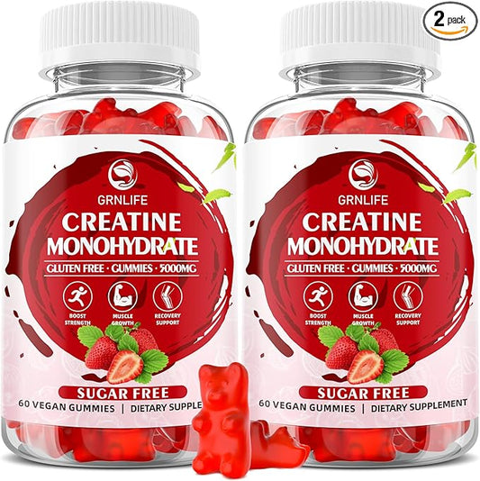 Creatine Monohydrate Gummies for Men & Women, Chewables Creatine Monohydrate for Muscle Strength, Muscle Builder, Energy Boost, Sugar Free, Vegan, Strawberry Flavor-120 Count