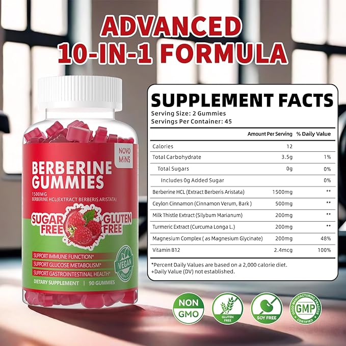 Berberine Gummies with Ceylon Cinnamon 1500mg High Potency Berberine HCL Supplement for Immune and Metabolism Support, Sugar Free Organic Berberine Gummies Raspberry Flavor.