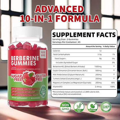 Berberine Gummies with Ceylon Cinnamon 1500mg High Potency Berberine HCL Supplement for Immune and Metabolism Support, Sugar Free Organic Berberine Gummies Raspberry Flavor.