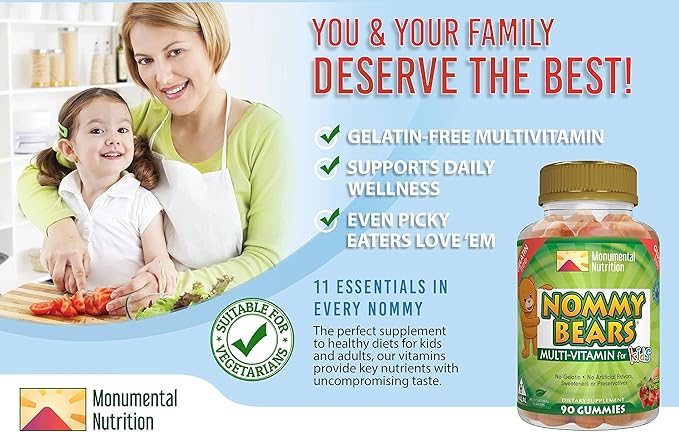 MULTIVITAMIN Gelatin-Free Gummies: for Kids, Children, Teens, Nom Nom Yummy, 3 Delicious Flavors, 11 Essentials, Gluten-Free, Halal Certified, Mommy Approved, Bear Shapes, Vegetarian