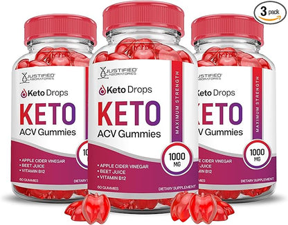 (3 Pack) Keto Drops Keto ACV Gummies Advanced Formula 1000MG Keto Drops Keto Gummies Apple Cider Vinegar Formulated with Pomegranate Beet Juice Powder B12 Vegan Non GMO 180 Gummys