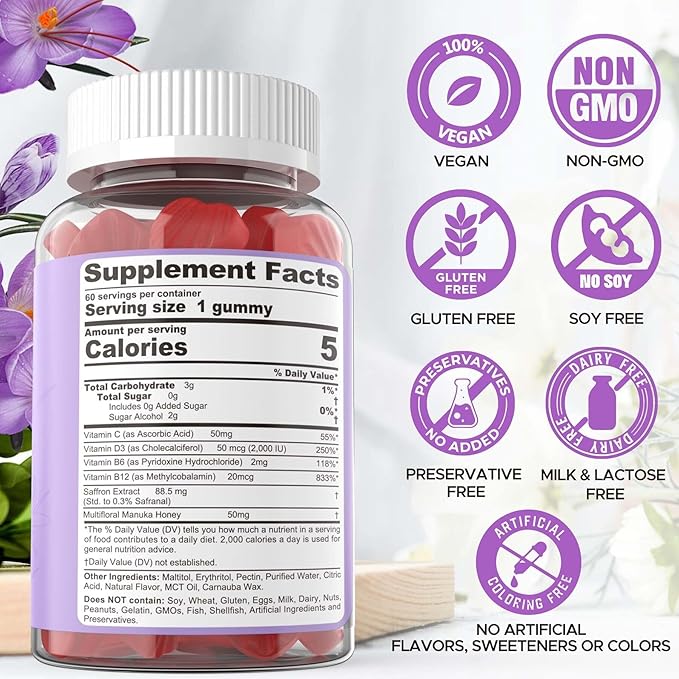 Saffron Gummies - Saffron Supplement Gummies 100% Pure Saffron Extract Whole Herb Gummies with Honey for Mood & Power, Vitamin B6, B12, D3, C - Sugar Free - Organic, Vegan, Mixed Berry Flavor - 60Cts