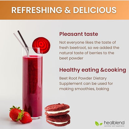 healblend Organic Beet Root Powder with Raspberry Powder, Organic Natural Acai, Vitamin C, Niacin, Berry Flavored, 30 Day Supply
