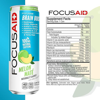 FOCUSAID Energy Blend, Nootropics Drink for Brain Fuel, Alpha-GPC, GABA, B-Complex, Yerba Mate, Green Tea, 100% Clean,100mg Natural Caffeine, 12 Fl Oz (Pack of 24)