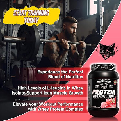 Worldwide Nutrition Bundle Compatible with Black Magic Protein Powder - Multi-Source Protein Whey, Egg & Casein Complex with Enzymes & MCT- 2LB Strawberry Ice Cream Flavor with Multi-Purpose Keychain