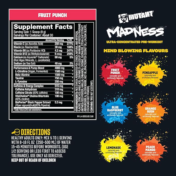 Mutant Madness | Pre Workout Powder Supplement Performance and Pump Blend Includes L-Citrulline, Beta-Alanine, Taurine, L-Tyrosine | 30 Serving | Blue Raspberry
