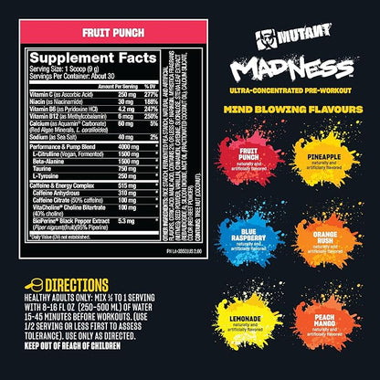 Mutant Madness | Pre Workout Powder Supplement Performance and Pump Blend Includes L-Citrulline, Beta-Alanine, Taurine, L-Tyrosine | 30 Serving | Blue Raspberry