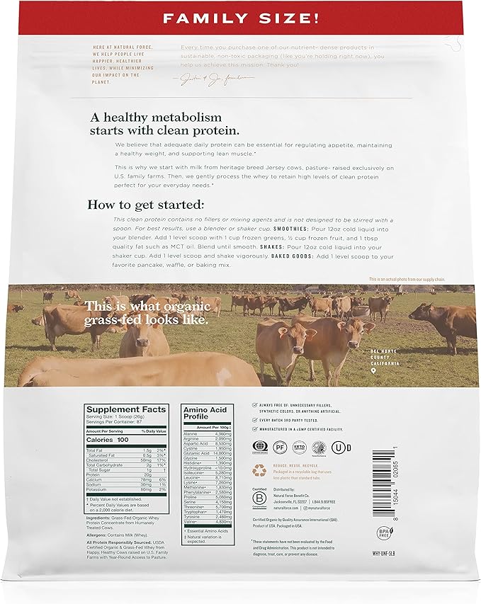 Natural Force Grass Fed Organic Whey Protein Powder – Non GMO Verified, Humane Certified & Lab Tested for Toxins – Pure & Unflavored – Keto Friendly, Low Carb, and Kosher – 5 Pound A2 Protein