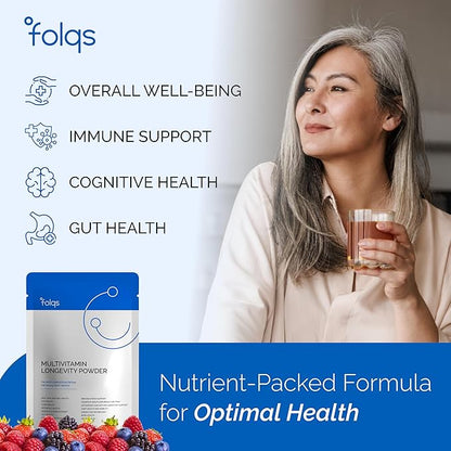 Multivitamin Longevity Powder for Healthy Aging - Whole Body Health and Immune Support - Digestive and Gut Health - Multivitamin for Women and Men 40+ - Mushroom Extracts, A,D3,E, B-Complex
