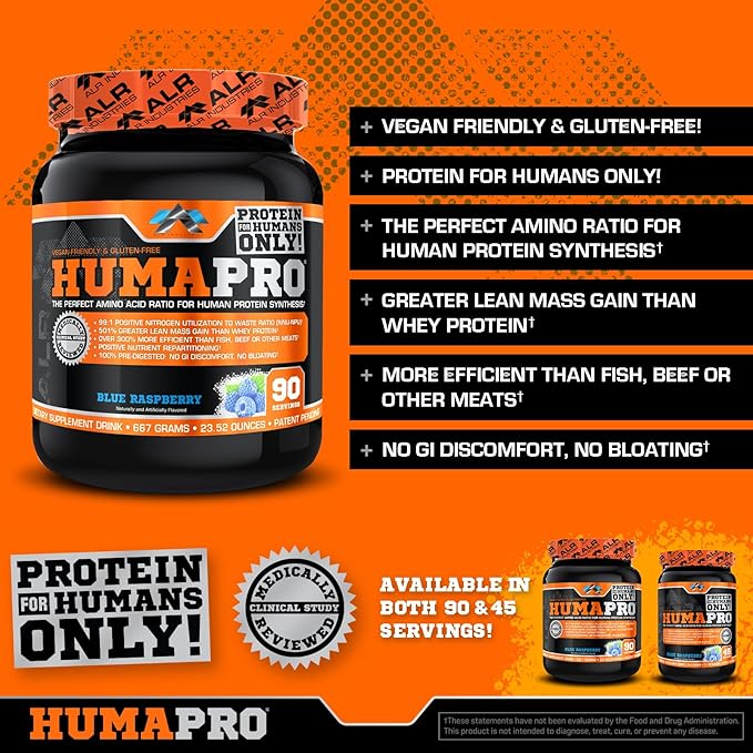 Humapro | Amino Acids Protein Matrix for Humans | 99% Utilization for Lean Muscle | Vegan, Gluten Free | 667g / 90 Servings (Blue Raspberry)