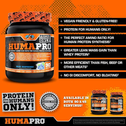 Humapro | Amino Acids Protein Matrix for Humans | 99% Utilization for Lean Muscle | Vegan, Gluten Free | 667g / 90 Servings (Blue Raspberry)