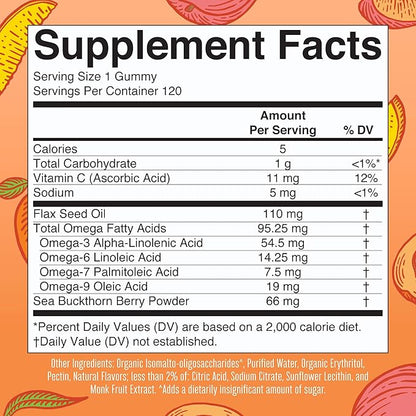 Vegan Omega 3 6 7 9 Gummies by MaryRuth's | Up to 4 Month Supply | Omega 3 Supplement with Flaxseed Oil | Omega 3 Gummies | No Fish Taste | Non-GMO | 120 Count