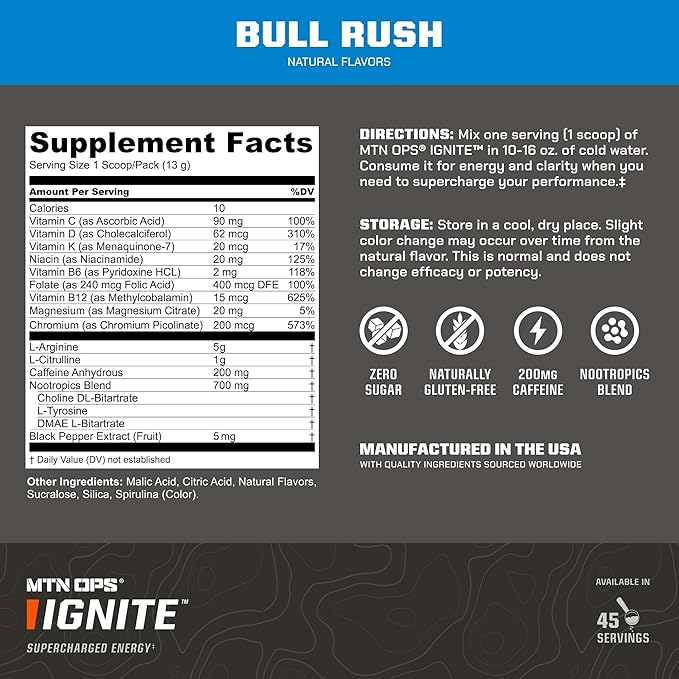MTN OPS Ignite Energy Drink Powder, Gluten Free Nitric Oxide Supplement Drink Mix, L Arginine, L Citrulline, Caffeine & Nootropic Sugar Free Drink Mix, 45 Servings, Bull Rush