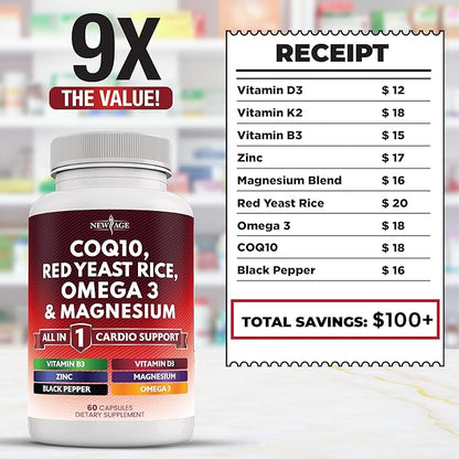 NEW AGE COQ10 200mg Red Yeast Rice Omega 3-6-9 Magnesium Complex Zinc Vitamin K2 D3 - Heart Health Support Vitamins for Women and Men with Vitamin B3, Coenzyme Q10-180 Count