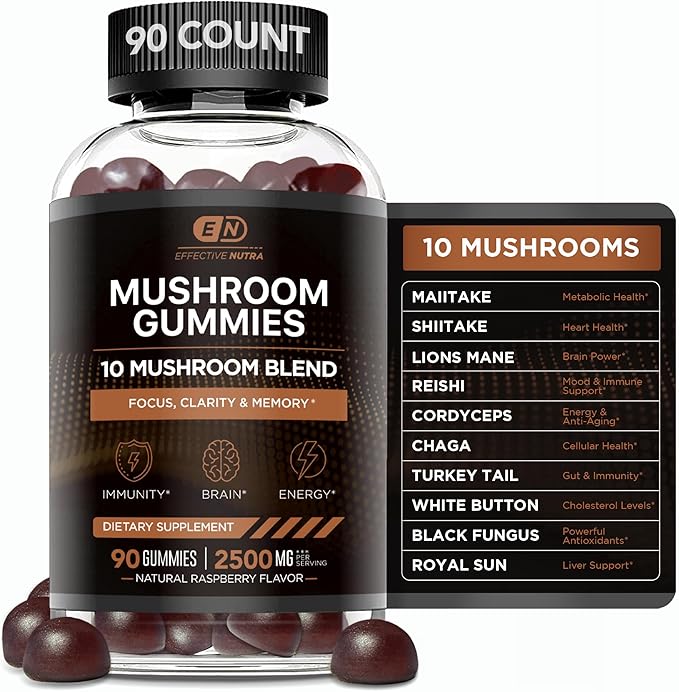 Mushroom Gummies 10 Blend - Mushroom Complex 2500mg - Brain Booster, Immune Support, Energy - Mushroom Supplement for Men & Women (90ct)