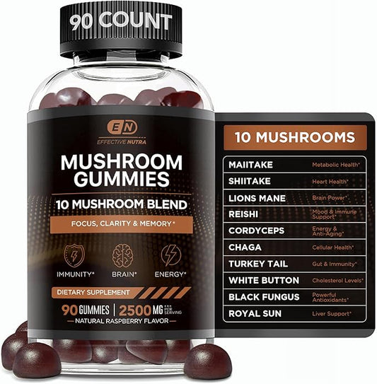 Mushroom Gummies 10 Blend - Mushroom Complex 2500mg - Brain Booster, Immune Support, Energy - Mushroom Supplement for Men & Women (90ct)