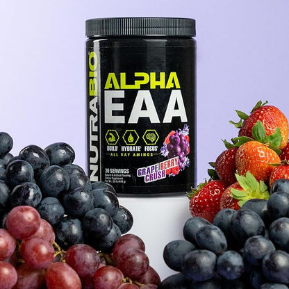 NutraBio Alpha EAA - All-Day Aminos - Recovery, Energy, Focus, and Hydration Supplement - Full Spectrum EAA BCAA Matrix, Electrolytes, Nootropics, Coconut Water - 30 Servings - Grape Berry Crush