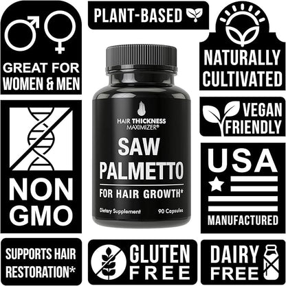 Saw Palmetto for Women and Men Hair Loss. Extra Strength Vitamin Treatment Designed for Thicker, Stronger Hair Growth and Less Shedding. DHT Blocker Capsules Powder Supplement. 1200 mg 3 Pill Serving